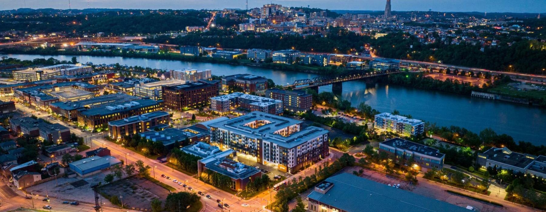 aerial view of a city with a river running through it